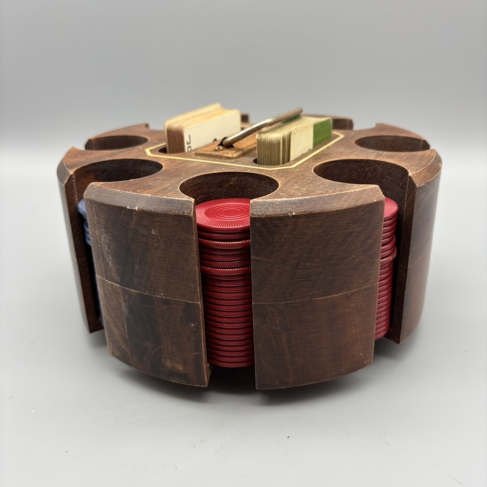 Vintage Round‎ 7.5" Wood 8 Rack Poker Chip Holder Caddy, Chips And Vintage Cards